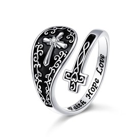 SHAOAN 925 Sterling Silver Cross Spoon Rings Vintage Faith Hope Love Adjustable Ring Inspirational Jewelry Gifts for Women
