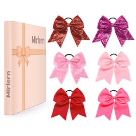 Mirlern 6 Packs Large Cheer Hair Bows, Elastic Hair Ties with Red Bows, 8 Inch Jumbo Bow with Ponytail Holder, Sequin Bling Hair Accessories for Teen Girls Softball Cheerleader Sport (Red)