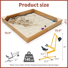 LILYPELLE Kids Sand Box, 2 in 1 Outdoor Wood Sandbox with Cover, 70.9" L x 70.9" W x 7.9" H Square Sand Pit with Two Corner Seats for Garden Beach Backyard Play (Included Excavator)