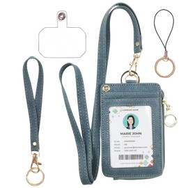 bolimoss Blue Lanyard Wallet for ID Badges with Long Neck Lanyards and Wristlet Strap, Badge Holder Case with Zipper Pocket for Offices ID, School ID, Driver Licence,Travel Cruise Ship Cards