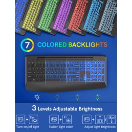 Wireless Keyboard with 7 Colored Backlits, Wrist Rest, Phone Holder, Rechargeable Ergonomic Computer Keyboard with Silent Keys, Full Size Lighted Keyboard for Windows, MacBook, PC, Laptop (Black)