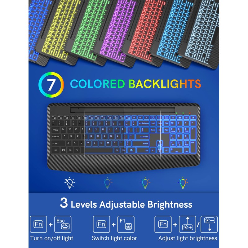 Wireless Keyboard with 7 Colored Backlits, Wrist Rest, Phone Holder,