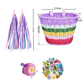 Naisfei Children's Bicycle Basket Front, 1 Set Bicycle Basket Front Children Removable Bicycle Basket Wicker Basket Front with Bells and Streamers, Girls Bicycle Basket Accessories, Rainbow Colours
