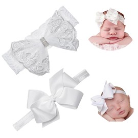 Nishine 2 Pack Baptism White Newborn Bowknot Headbands Baby Christening Hair Bows Headwrap Toddler Hairband (Bowknot -2 pack)
