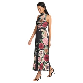 Maggy London Women's Sleeveless Mock Neck Maxi Elegant Floral Print for Wedding Guest-Versatile Formal Dresses, Black/Persian Red