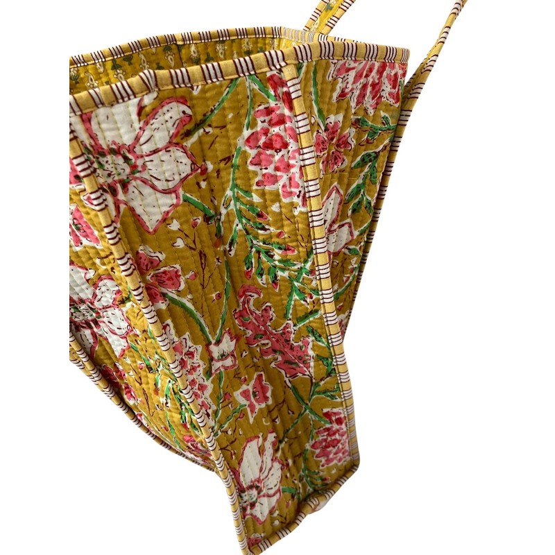 Floral Print Cotton Tote Bag, Quilted Mustard Yellow with Pink