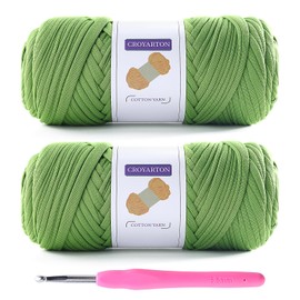 2 Pack T Shirt Yarn for Crocheting with 1 Crochet Hook, Elastic Tshirt Yarn for Crochet Bag/Baskets/Home Decor, Spaghetti Yarn Thick Knitting Yarn Total Length 130 Yds (Autumn Fragrant Green)