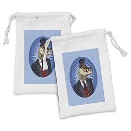 Lunarable Alligator Fabric Pouch Set of 2, Portrait of Gentlemen Crocodile in Suitsnd Red Vest with Retro Top Hat, Small Drawstring Bag for Toiletries Masks and Favors, 9" x 6", Multicolor