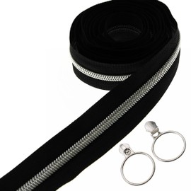 Leekayer The Yard #5 Silver Metallic Nylon Coil Zippers by The Yard Bulk 10 Yards Black Zipper Tape with 25 Silver Sliders for DIY Sewing Dressmaking Craft Bag (Black)