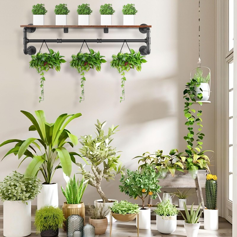 Yawinhe Industrial Pipe Clothes Rack with Top Shelf, Wall Mounted