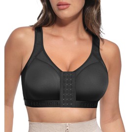 FeelinGirl Front Closure Post Surgery Compression Bra with Adjustable Straps Wireless Breast Augmentation Post Op Bras, Black, Large