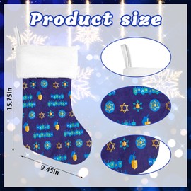 Large Happy Hanukkah Stockings Blue Velvet Star of David Christmas Stockings with White Velvet Cuff Hanging Stockings for Fireplace Family Chanukah Party Supplies Xmas Party Favors Holiday Decorations