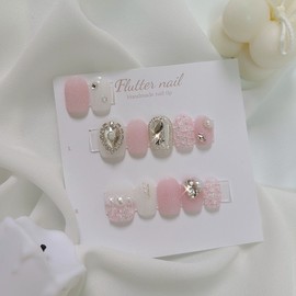 Pink Tweed Pearl Handmade Nail Tips - Long Square / 핑크 트위드 진주 수제네일팁 - 롱스퀘어