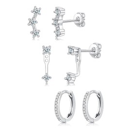 Sterling Silver Stud Hoop Earrings Set for Women Girls, 3 Pairs Hypoallergenic Small Silver Cubic Zirconia Stud Hoop Earrings Stacks Cartilage Minimalist Earring Set for Multiple Piercing