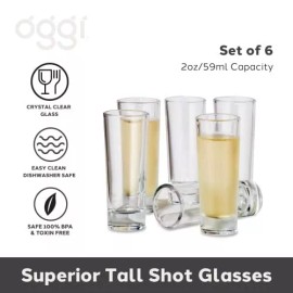 Oggi Tall Shot Glasses w/Heavy Base, Set 6 - Real Glass Shot Glass Set, Cool ...