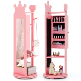Costzon Kids Jewelry Armoire, 360° Swivel Jewelry Cabinet with Full Length Mirror & Garment Rack, Kids Vanity Dress Up Mirror with Jewelry Storage, 44” Standing Jewelry Organizer for Girls (Pink)
