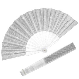 EOSAU Glitter Folding Hand Fans for Women Foldable Handheld Clack Fans for line Dancing, Wedding, Church, Festival, EDM, Party, Club, Rave Accessories (9" Silver 01)