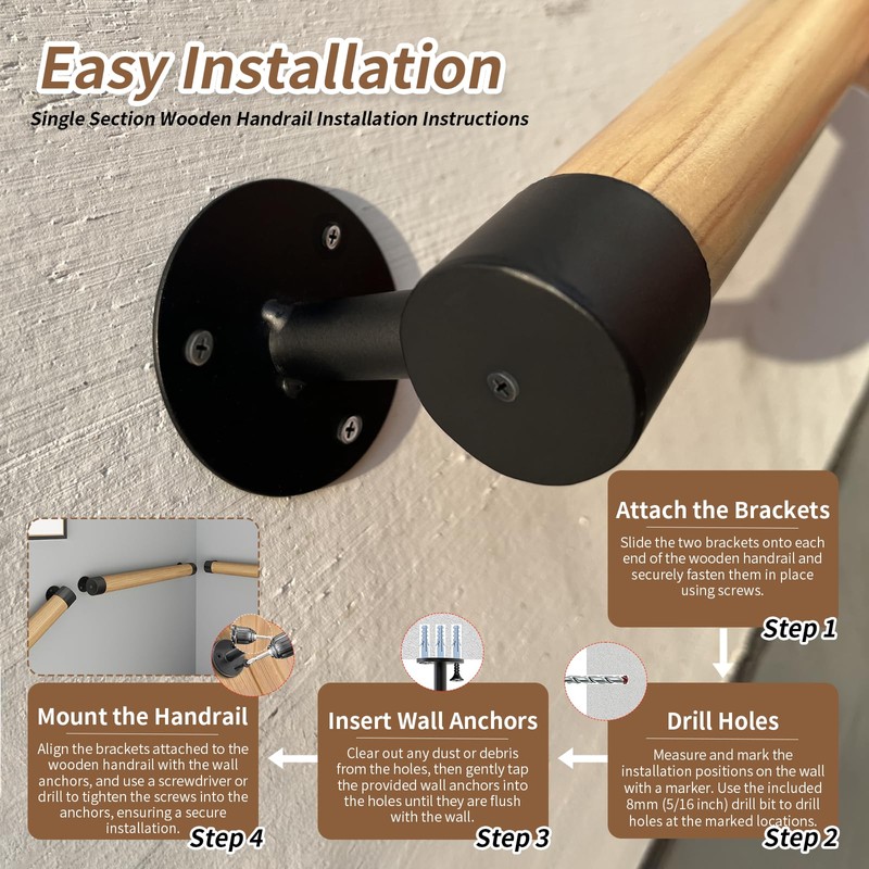 3FT Wooden Stair Handrails,Indoor Outdoor Hand Railings, Sturdy Wall Mount