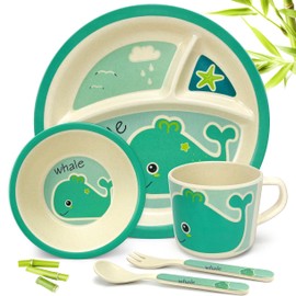 RayPard 5 Pcs Bamboo Kids Plates and Bowls Sets, Unbreakable Plastic Toddler Dinnerware Set Include Divided Plate, Bowl, Cup, Spoon, Fork, Durable Children Cartoon Tableware (Cyan Whale)