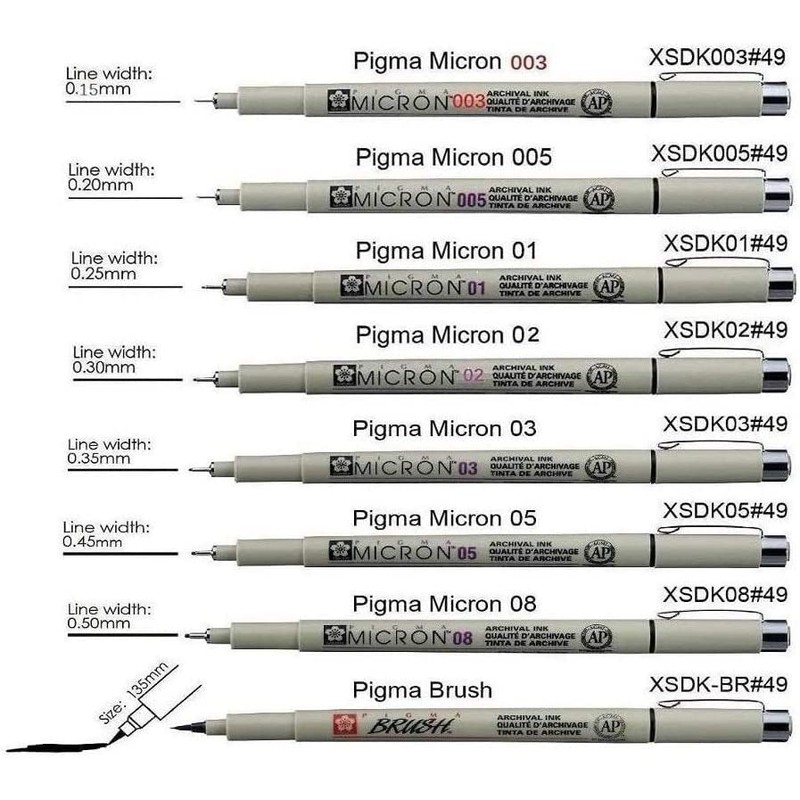 Pigma Micron Sakura 003.005,01,02,03,05,08, Brush, Set of 8, Made in