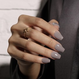 KQueenest Dark Gray Press On Nails Short Coffin - Acrylic Press On Nails with Glue, Ballerina Medium Short Fake Nails Press ons, Glossy Stone Grey, Reusable Soft Gel Glue on Nails for Women, 30 Pcs