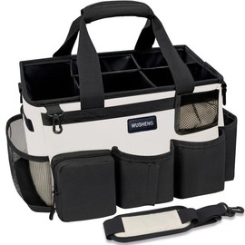 Portable large capacity wearable cleaning bag cleaning supplies handbag adjustable cleaning storage bag Organiser Aluminium Mesh Pad Strap Black:_khaki