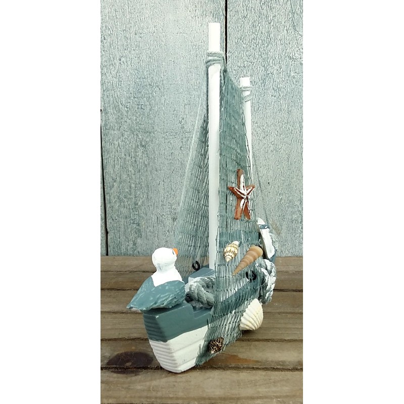 Maritime Decoration Wooden Boat with Seagull 17 cm Starfish Lifebuoy