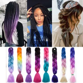 SEGO 24 Inch Box Braids Heat Resistance Synthetic Hair Crochet Twist Extensions Crochet Hairpiece Ombre Three-Tones Braiding Hair [3 Bundles, Royal Blue & Purple & Pink]