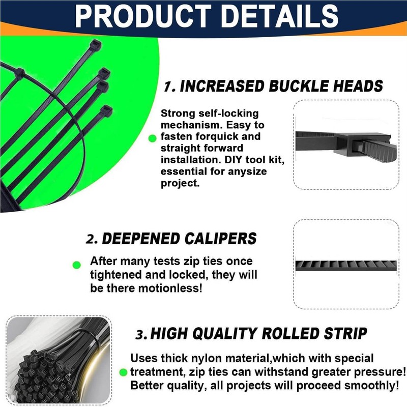 ATETEO Black Cable Ties, 200mm x 3.6mm, Pack of 200,