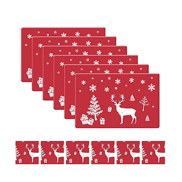 Christmas Placemats and Coaster Sets with 6 Pcs Coasters and 6 Pcs Table Mats, Non-Slip Heat Resistant Elk Place Mat for Christmas Holiday Kitchen Dining Home Table Decoration