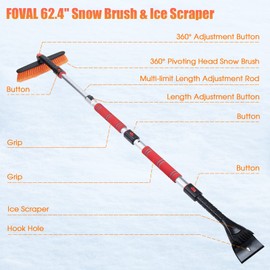 FOVAL 62.4" Snow Brush - Ice Scrapers for Car Windshield, 360°Pivoting Brush Head, Comfortable Foam Grip, Extendable Snow Removal Car Brush for Trucks SUVs, Essential Winter Tool