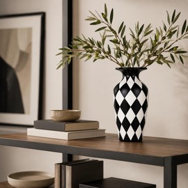 Black and White Checkered Vase, 7.68 Inch Harlequin Diamond, Modern Decorative Flower Vase for Living Room, Dining Table, Mantel, Entryway, Bedroom