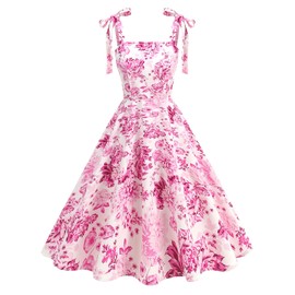 50s Style Dresses for Women 1950s Vintage Floral Cocktail Swing Dress Spaghetti Strap Square Neck Audrey Hepburn Rockabilly Dress Retro Church Flare A Line Casual Graduation Tea Party Dresses Pink M