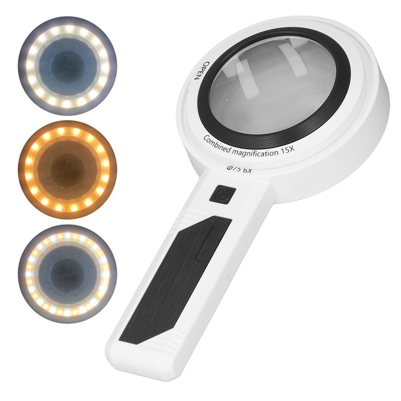 Reading Magnifying Glass 15X Magnification 3 Colors Adjustable LED Illuminated