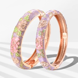 UJOY Cloisonne Bracelets Flower Enameled Cuff Hinged Bangles Gold Plated Girls Women's Gifts Jewelry 55C48 Purple