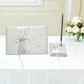 Wedding Guest Book and Pen Set with White Satin Bow, Mr. and Mrs. Our Wedding, Blank Lined Pages for Visitor Register Sign-in Book for Events, White 9.6X6.3 inch