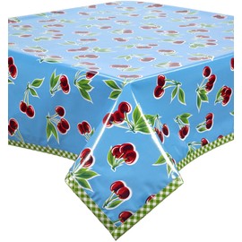 Freckled Sage Cherry Light Blue Oilcloth Tablecloth with Lime Gingham Trim You Pick The Size 55 x 55 Square
