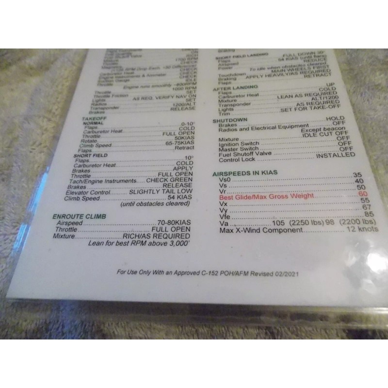 Cessna 152 II Quick Reference Checklist Flying Pilot Aviation Laminated