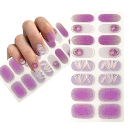 Self-Adhesive Lavender Purple Full Nail Wraps Stickers with Holographic and Gold Color Flowers | Brighter, Thicker, Tougher Nail Polish Strips for Women Teens and Girls | DIY Nail Art Decoration