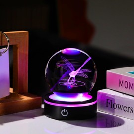 Enjinkail 3D Crystal Ball Dragonfly Gifts for Women Men - Glass Dragonfly Gifts Figurine Home Animal Decor with Colorful LED Base for Him Her on Birthday Christmas