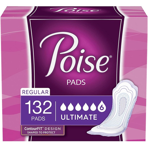 Poise Incontinence Pads, Ultimate Absorbency, Regular Length, 132 Count (4 Packs of 33) (Packaging May Vary)