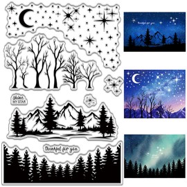 CRASPIRE Pine Tree Forest Mountain Scenery Clear Rubber Stamp Star Moon Vintage Christmas Transparent Silicone Seals Stamp Retro for Journaling Card Making DIY Scrapbooking Handmade Album Notebook