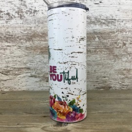 Unbranded Ostrich BE YOU tiful Floral 20 oz Skinny Tumbler with Straw & Lid