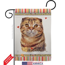 Cat Scottish Fold Happiness Garden Flag Set with Stand Animals Kitten Meow Spoiled Paw Fur Pet Nature Farm Animal Creature Small Decorative Gift Yard House Banner Double-Sided Made In USA 13 X 18.5