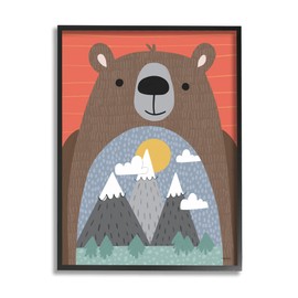 Stupell Industries Happy Brown Bear Mountain Range Landscape Belly, Designed by Kyra Black Framed Wall Art, 16 x 20