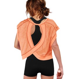 ReachMe Womens Open Back Workout Tops Athletic Backless Cropped T-Shirts Short Sleeve Gym Yoga Shirts(Coral Pink,XL)