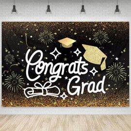 NeuschWander Graduation Decorations Class of 2025 Congrats Grad Backdrop Decorations 71x43 Inches Gold and Black Graduation Banner Grad Photo Prop Backdrop Middle High School College Party Supplies