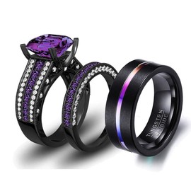 LOVERSRING Juego de 3 anillos para parejas para él y ella, conjuntos de anillos de novia para mujer, chapado en oro negro, circonita morada, carburo de tungsteno, juego de anillos de boda, Piedra Cristal, Ágata