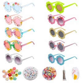 XIAONAN 10pcs Kids Round Flower Sunglasses Toddler Sunglasses DIY Kit with 200 Random Letter Beads 40 Daisy Charms 30 Beads