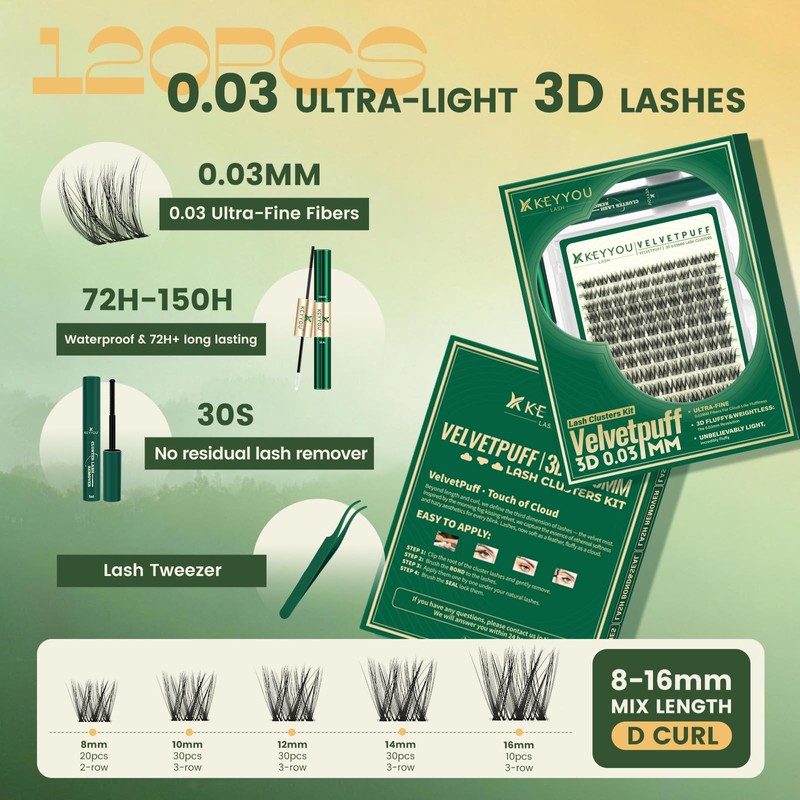 Natural Lash Clusters Kit, Wispy Fluffy Lashes Kit Velvetpuff C
